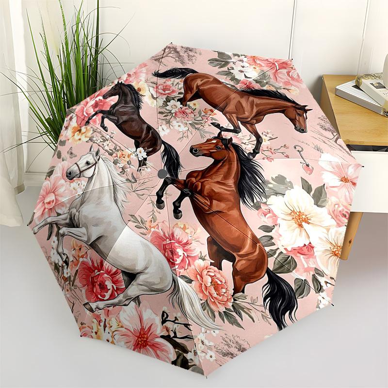 1PC Horses Floral Umbrella-8-Rib Reinforced, Automatic Open, Lightweight & Durable, Fashion Accessory for Outdoor, Beach L0386