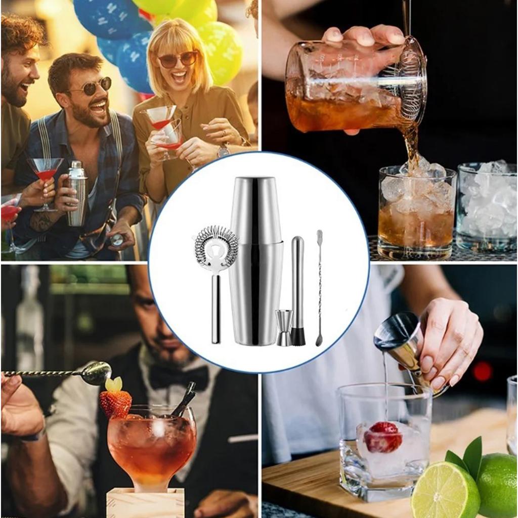 5PCS Cocktail Mixing Set Stainless Steel 750ML Cocktail Shaker Spoon Measuring Jigger Clip and