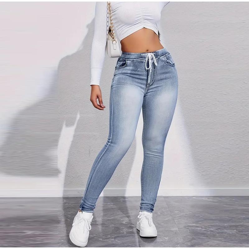 Женские леггинсы в стиле денима с высокой талией и завязками, облегающие однотонные обтягивающие брюки с приподнятыми ягодицами, весна 2025 г.