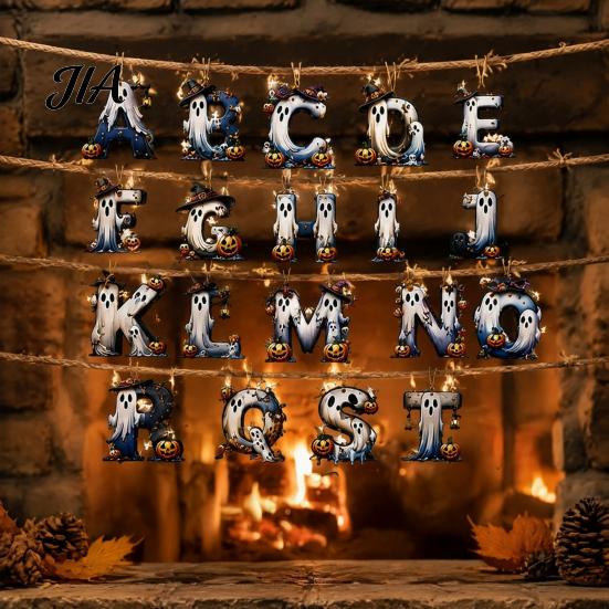 Tree Hanging Gift Tag Accessories Halloween Letter Ornament, Spooky Wooden Alphabet Letters Pendant with Ghost Reusable Seasonal Decor Pumpkin