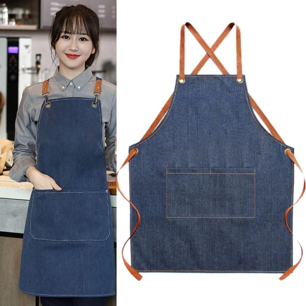 Dirt-resistant Kitchen Chef Apron with Pocket Painting Apron Durable Cross Back Denim Apron  Cafe