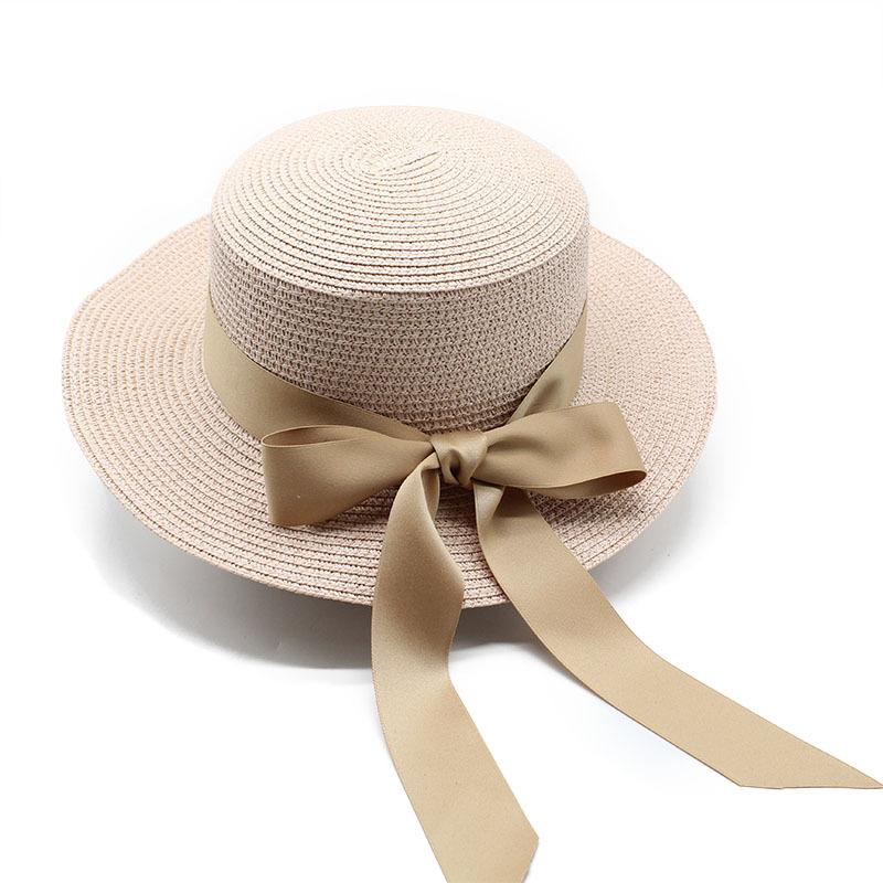 Summer Flat-Brimmed Straw Hat Women'S Japan And Korea Bow Streamer Straw Flat-Top Sun Hat Clothing Accessories Beach Hat
