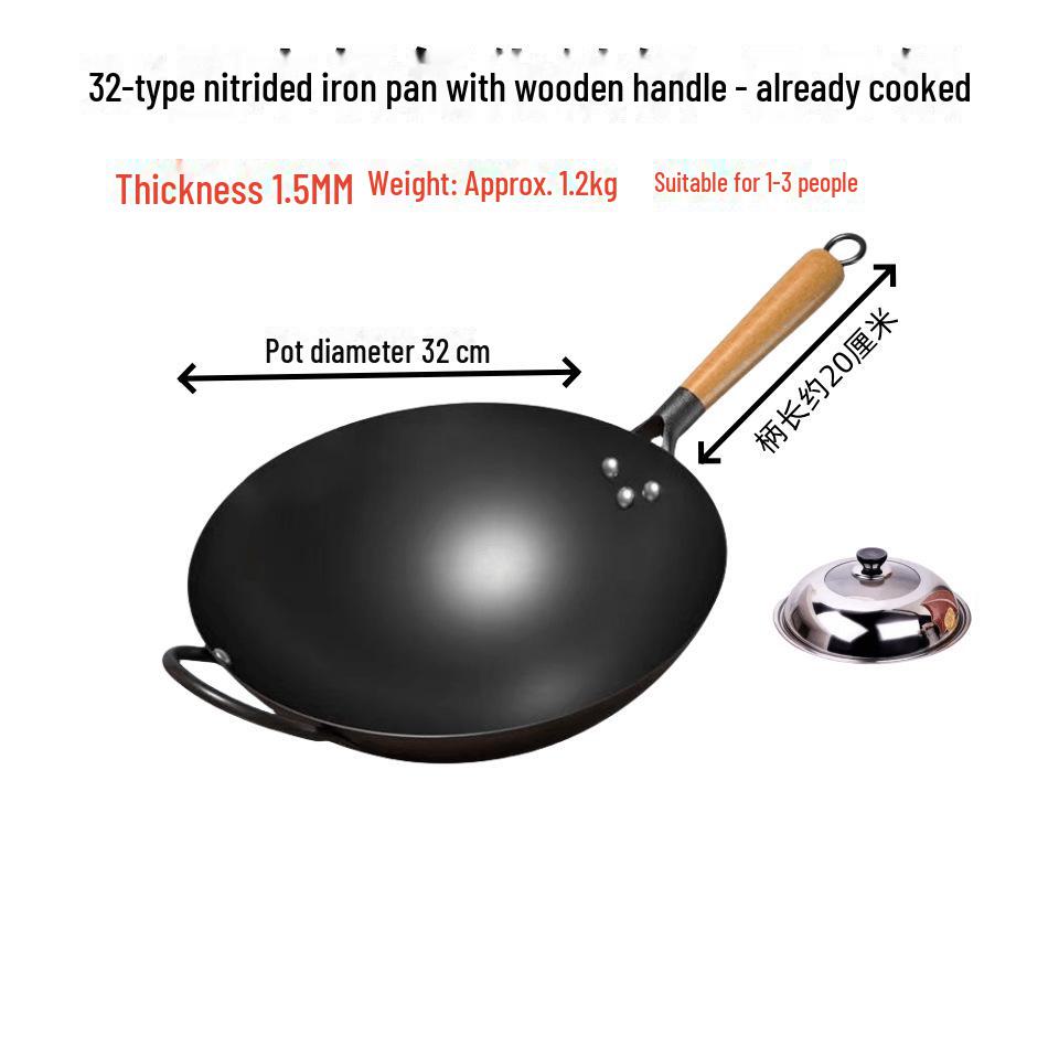 Nitrided Round Bottom Frying Pan: Old-Fashioned, Non-Stick, Rust-Resistant Iron Pot.