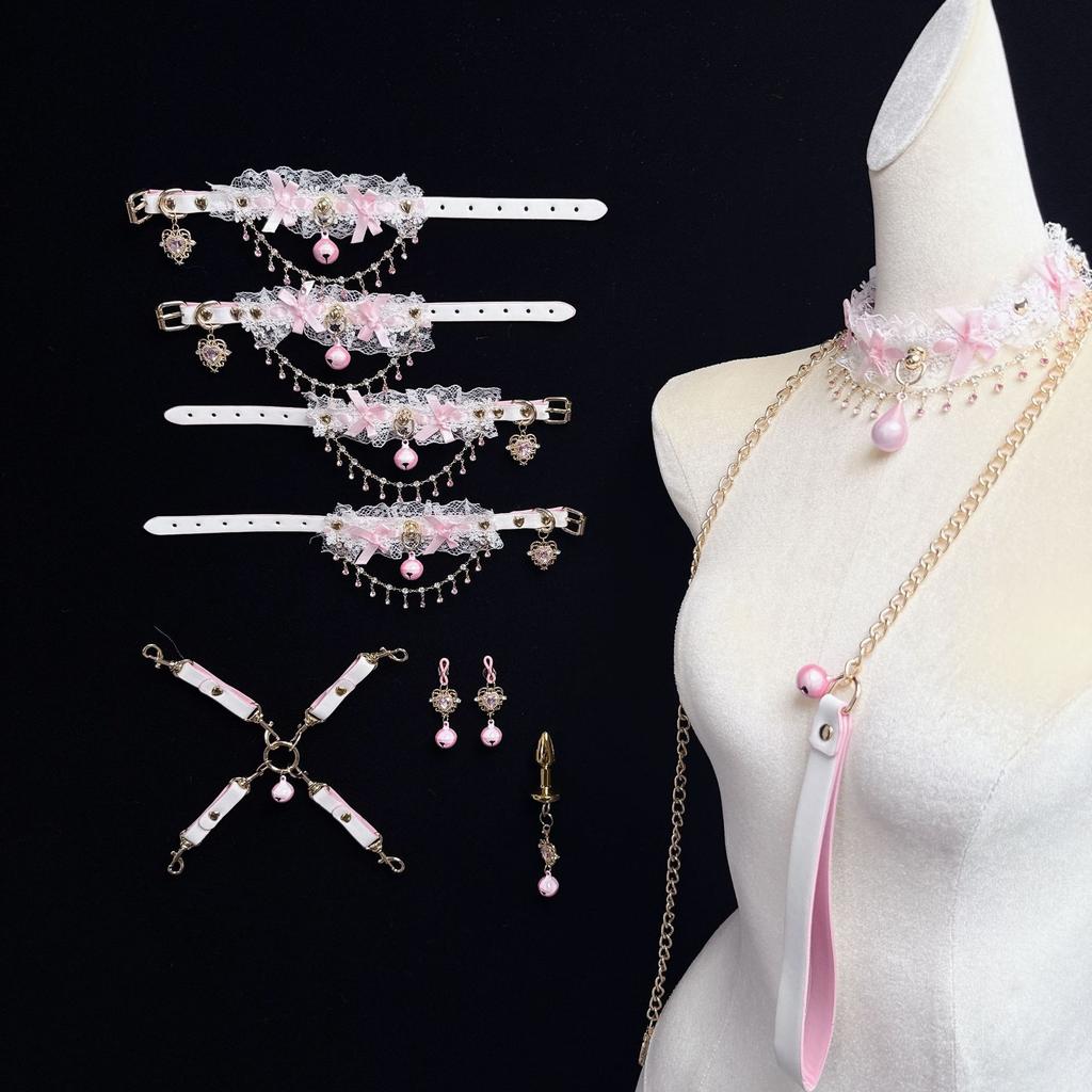 Pink Bell Collar Lace Maid Seven-Piece Set Leash and Bondage Nipple Clamp and Anal Plug BDSM Training Female Accessories Sex Toy