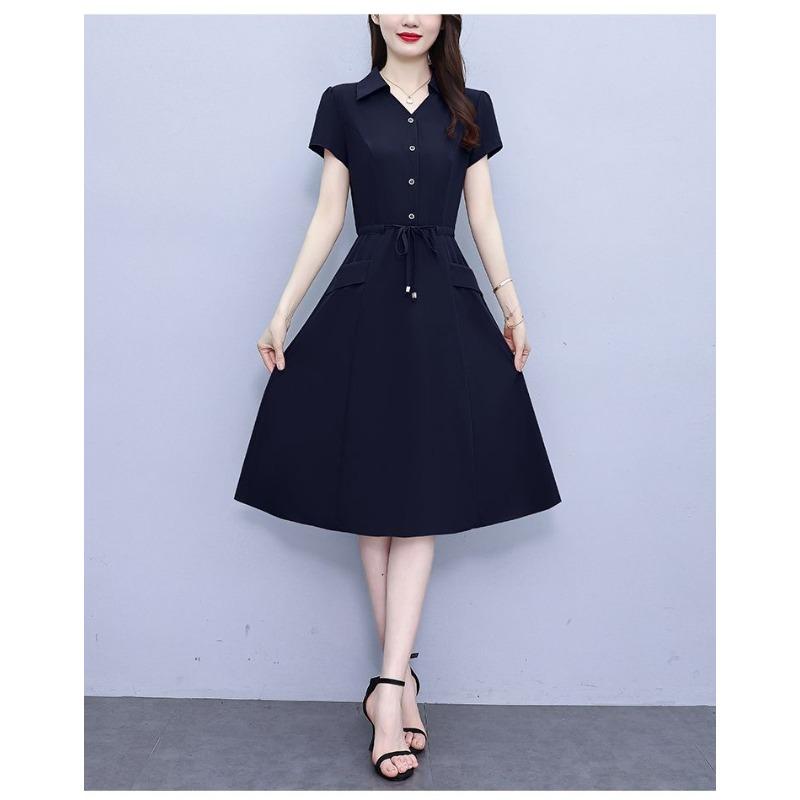 YYFS Женская мода лето весна сплошной цвет печати короткий рукав ПОЛО шеи Высокая талия повседневные платья