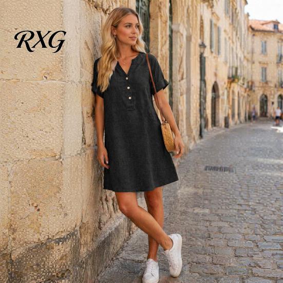 Relaxed Fit Summer Dress Short Sleeve for Women, Casual Button Up V Travel Friendly Neck A-line Dress, Flowy Beach Vacation Sundress with Pockets