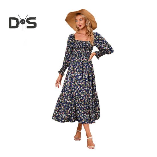 Женское платье с длинными рукавами, цветочным принтом, А-силуэтом, квадратным вырезом, миди-платьем, эластичным бюстом, открытой спиной, плиссированным подолом, весна-осень