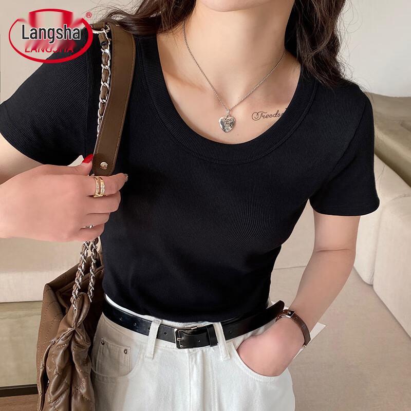 Langsha Women's Slimming Ribbed Round Neck Short Sleeve T-Shirt