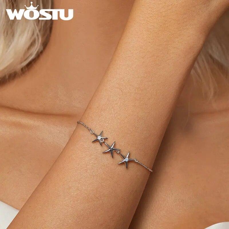 WOSTU 925 Sterling Silver Blue Opal Starfish Chain Bracelet For Women Cute Ocean Animal Adjustable Link Girl Party Birthday Gift