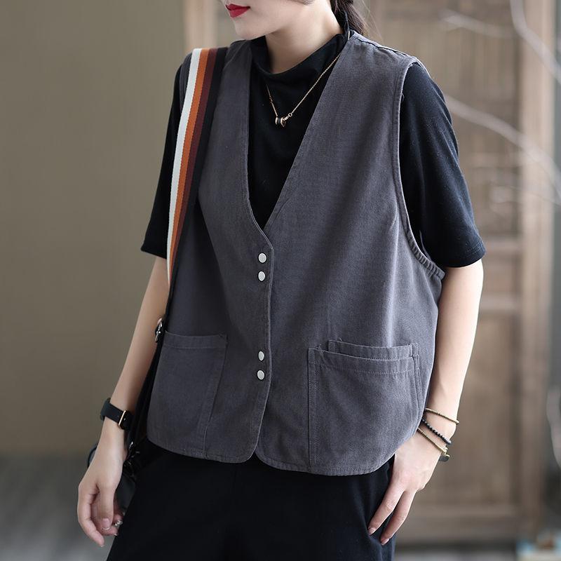 Vest Women's Spring and Autumn New Style Women's Commuting Solid Color Cotton Pocket Fashionable Retro Shoulder Jacket