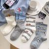 Корейские женские носки до середины икры с мультяшным щенком 2025 - Милые серые в полоску, с цветными блоками, бесшовный дизайн