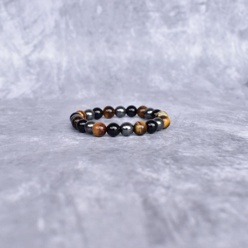 Unisex Triple Protection Bracelet | Tiger Eye, Hematite, Black Onyx with Evil Eye Charm | Stylish & Unique Daily Wear | deflect Negativity