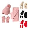 3Pcs/Set Women Winter Hat Scarf Gloves Set Plush Ball Decor Rhombus Texture Knitting Hat Long Scarf Touch Screen Gloves Set