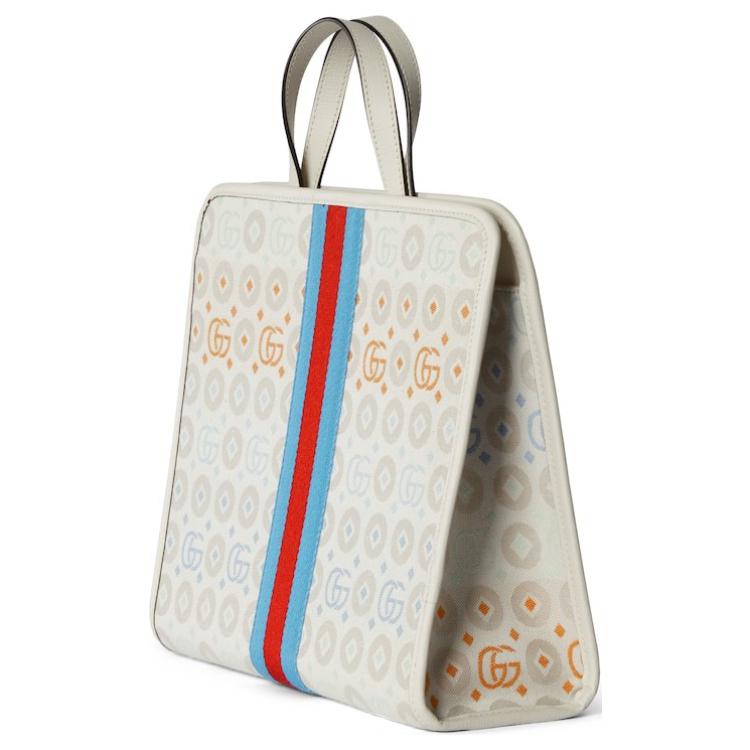 Gucci Double G Logo Magnetic Snap Closure Canvas And Leather Tote Bag Kids Tote Bags White Gray Light-Blue 605614-FADEM-8444