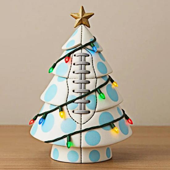 Вдохновленная спортивным мячом рождественская фигурка елки, изготовленная вручную из искусственной кожи, настольное украшение в форме дерева с золотой звездой на верхушке для праздничного домашнего декора