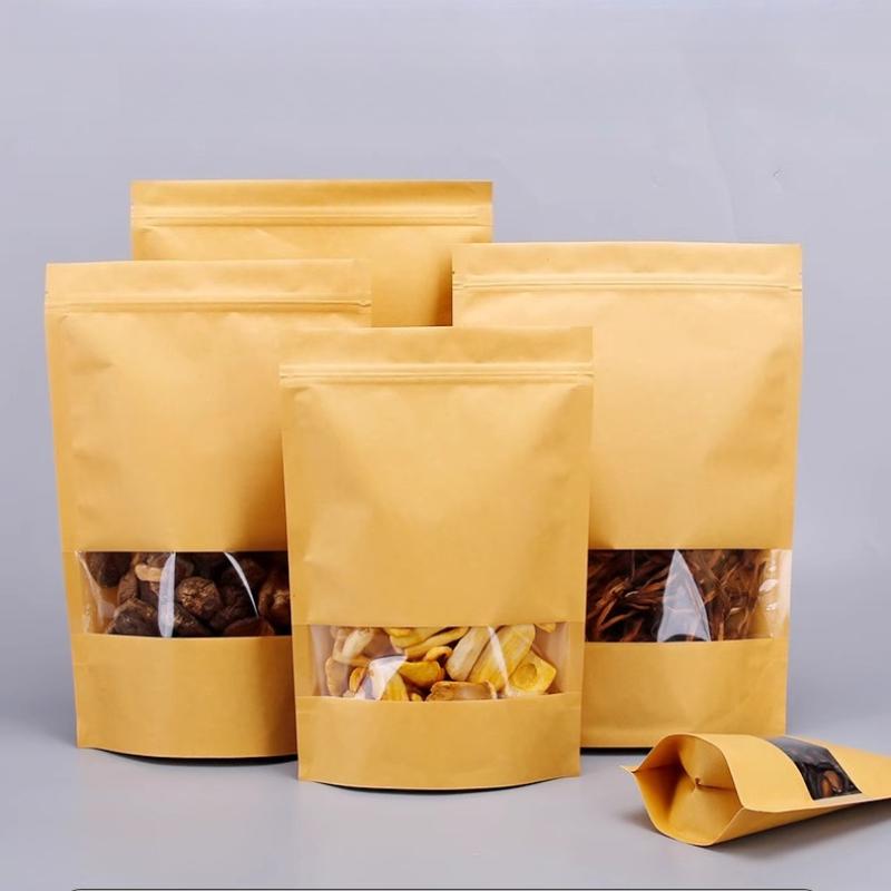 Крафт-бумажный самоподдерживающийся пакет, упаковочный пакет с самозаклеивающейся застежкой и видимым окном, экологически чистый запечатанный упаковочный пакет, доступен в нескольких размерах