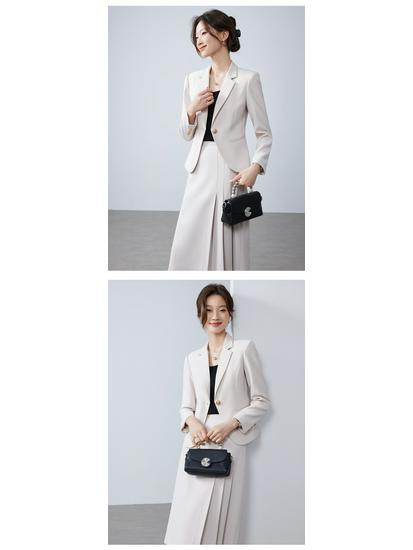 Women's Apricot Silver Suit Jacket & Midi Skirt Set - Spring/Autumn 2025, Slim Fit, High-End Two-Piece