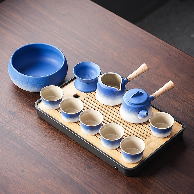 Gradually change the blue and white coarse pottery teapot Kung Fu tea set, the whole set of household tea trays, light luxury gifts can be printed