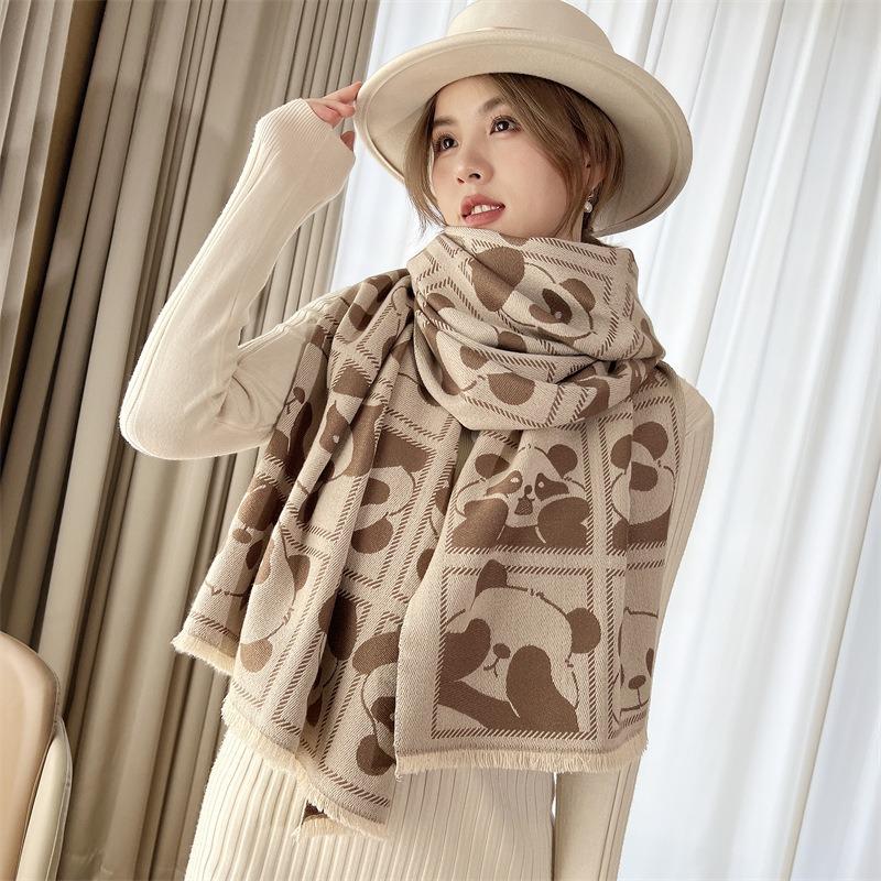 Winter New Panda Imitation Cashmere Jacquard Scarf Women's High-end Sense Versatile Core-spun Yarn Shawl Thickened Warm Scarf
