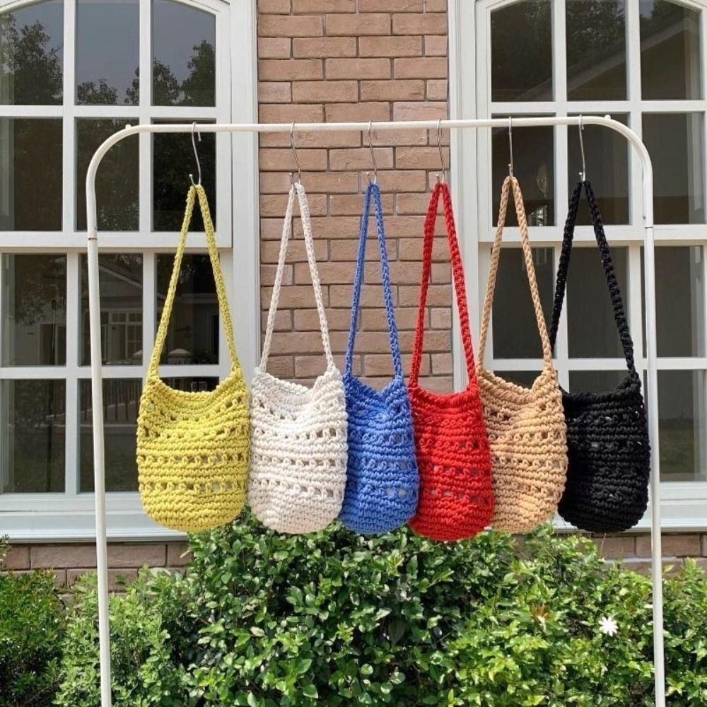 Cute Korean Style Hollow Out Knitted Weave Bag Braided Solid Color Knitted Shoulder Bag Handbag Vacation Style Beach Bag Daily