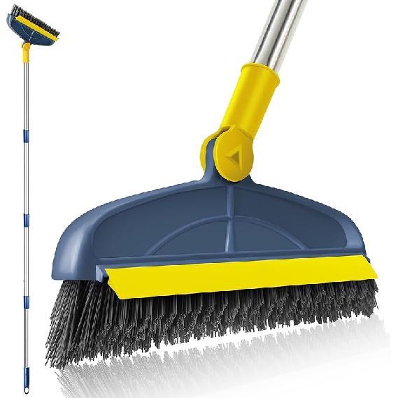 Grout Cleaning Brush with Long Handle, Stiff Brush, Swivel Hard Bristle Brush, 2 in 1 Scrub Brush with Scraper, Tapered Bristles Grouting Line Brush,