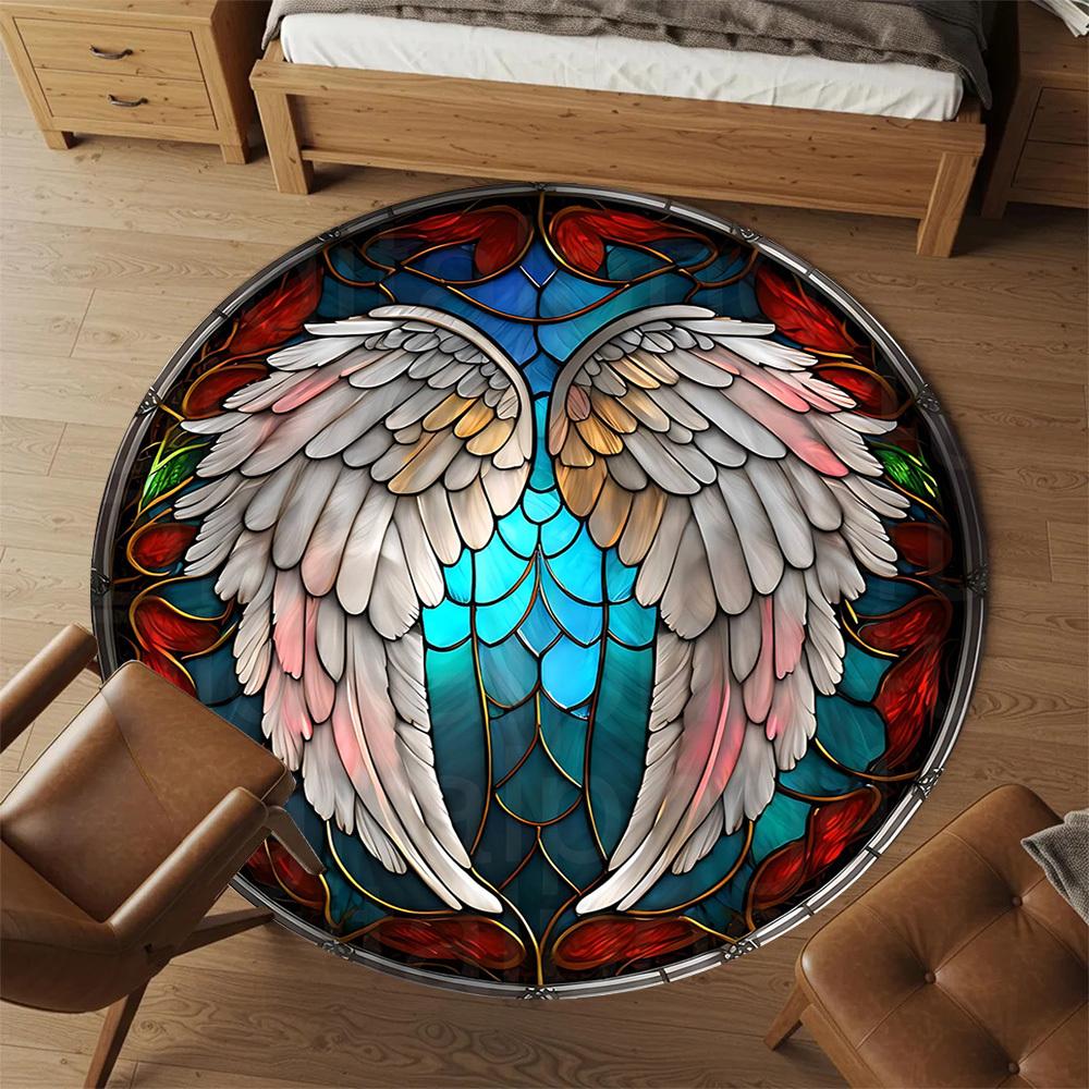 1pc Wings Stained Glass Round Chair mat Area Rug - Non-Slip, Floor Mat for Office, Bedroom, and Indoor Decor -1002236