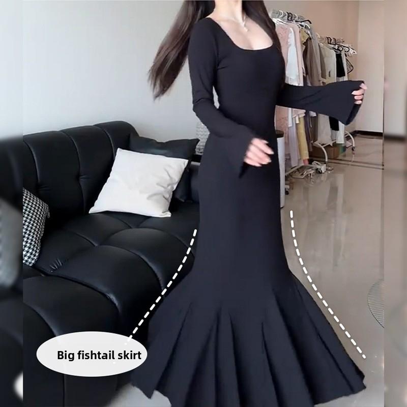 Black slim-fit square-neck French-style fishtail dress with inner slip dress for women, spring and autumn 2026 new model dress