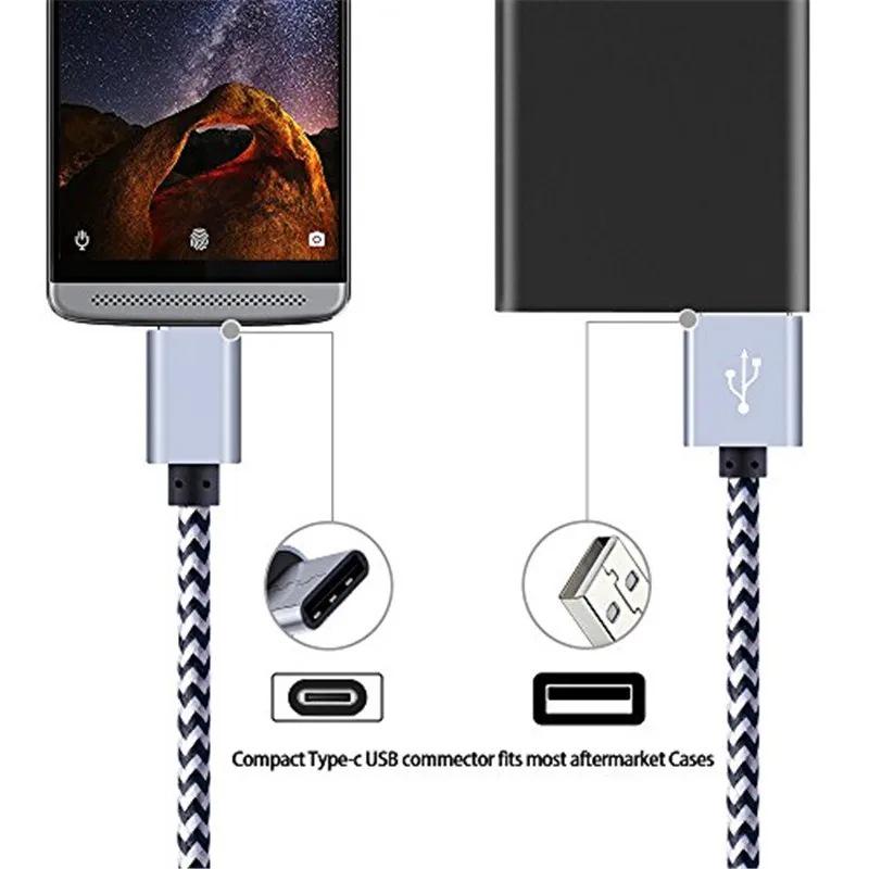 Красочный плетеный нейлоновый кабель USB-C — USB-A для быстрой зарядки для телефонов Huawei и Android