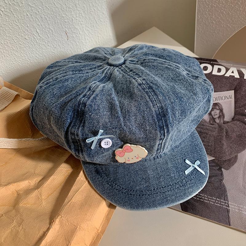 Y2K кружевной бант дизайн облако береты шапки для женщин показать лицо маленький летний осень повседневный универсальный корейский ретро джинсовый восьмиугольная шляпа