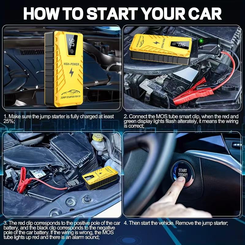 Автомобильный пусковой блок Power Bank 2000A для 12-вольтовых автомобилей и мотоциклов, портативное автомобильное зарядное устройство, умный пусковой блок с умными зажимами и LED