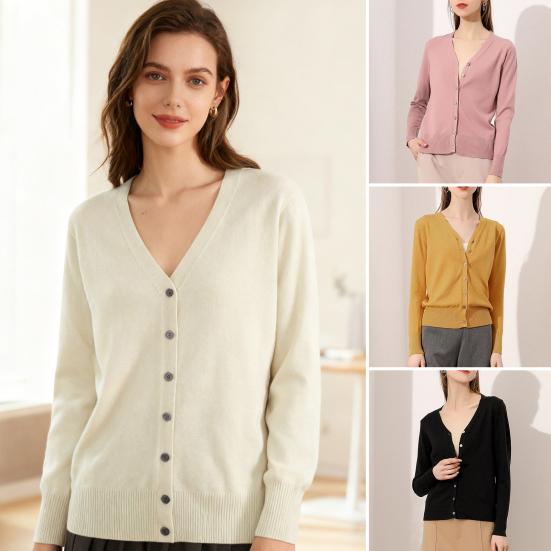 Women Sweater Coat V-neck Long Sleeve Single Breasted Knitting Sweater Solid Color Ribbed Trim Warm Knitted Cardigan