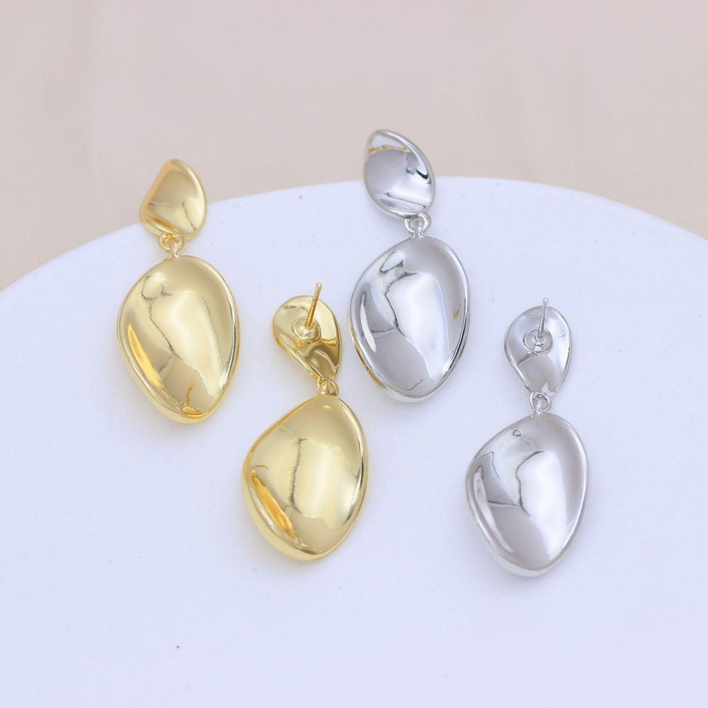 Gold-Tone S925 Silver Oval Ripple Earrings - European & American Style