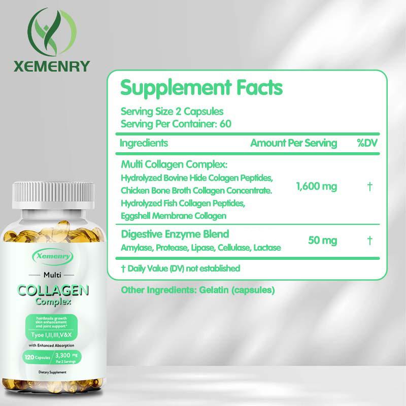 Unisex complex collagen capsules, supporting skin health, hair and nail growth, and joint health. Non-GMO, 120 capsules.