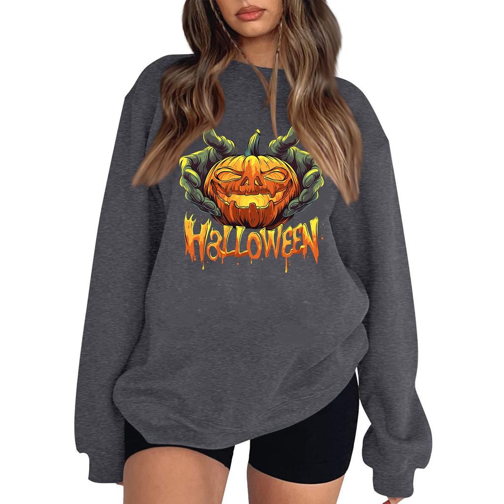 Women's Casual Round Neck Long Sleeved Pullover, Halloween Printed Top, Long Sleeved Hoodie