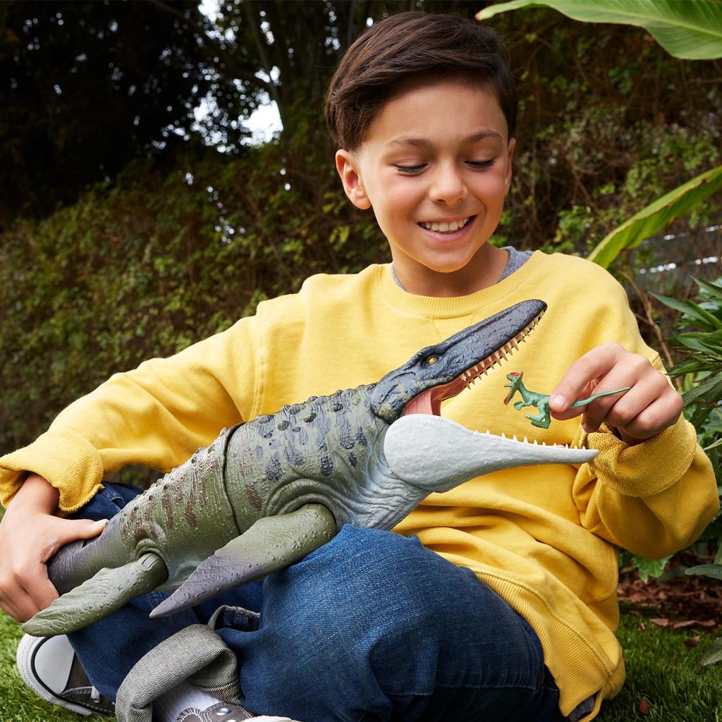 Mattel Jurassic World Battle Action Mosasaurus Kids Moving Dinosaur in Ages 4 and JCH00 Figure, Large, Toy, Approx. 65.4cm Length, Up, Brown,