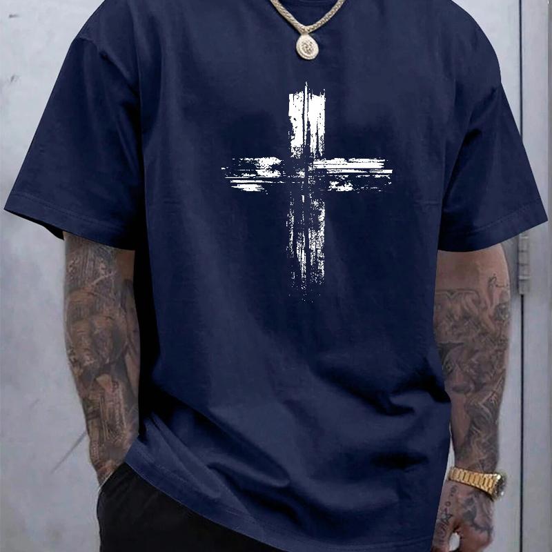 Men's summer cotton fashionable casual loose plus size retro cross print sports round neck short sleeved T-shirt top