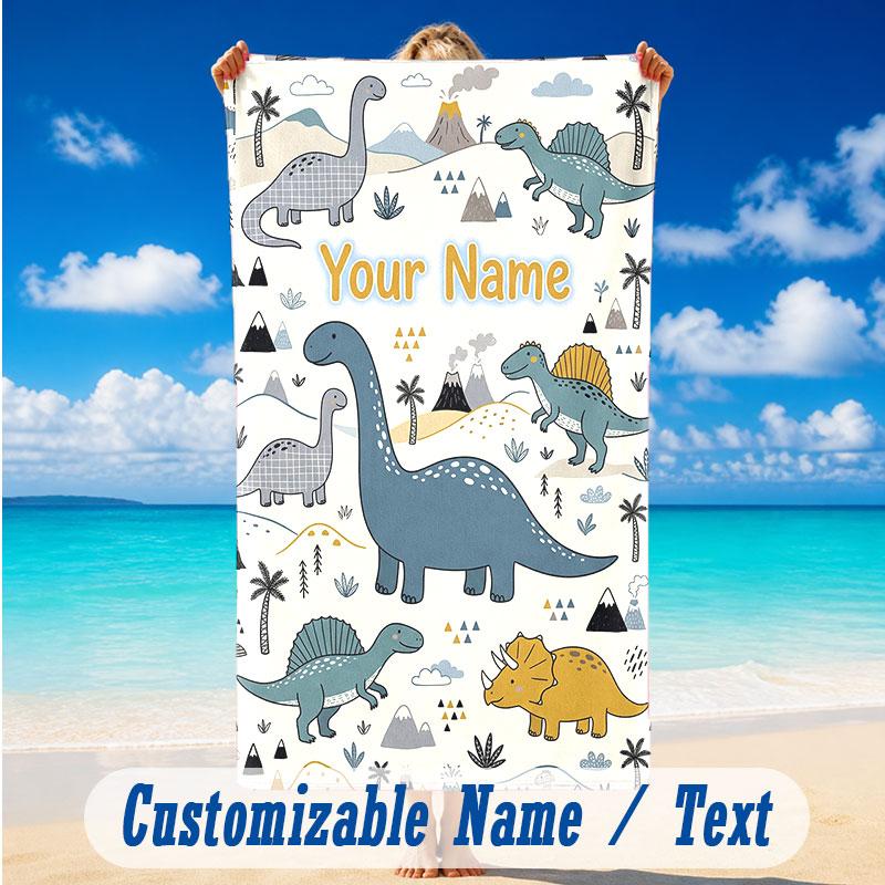 Dinosaur Theme Beach Towel Personalized Custom Name & Text Soft Quick Dry Beach Towel for Swimming Travel