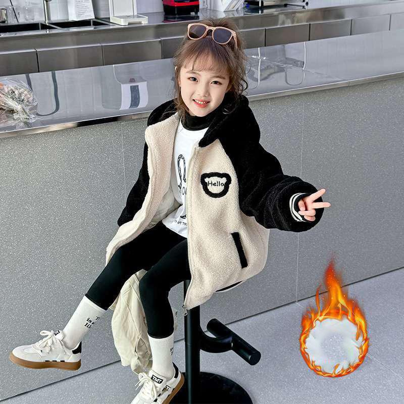 Девочковое флисовое пальто, осенне-зимний повседневный утолщенный флисовый свитер с вышивкой медведя.