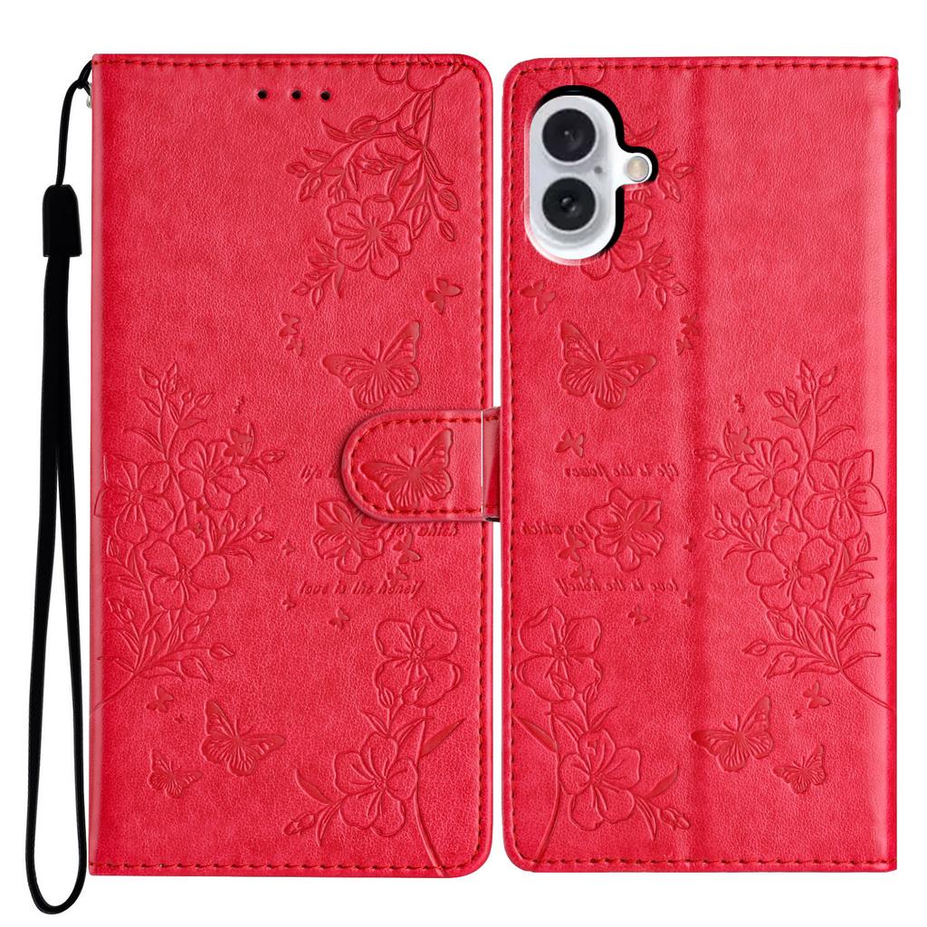 For iPhone 16 Wallet Case Butterfly Floral Imprint Leather Stand Phone Cover