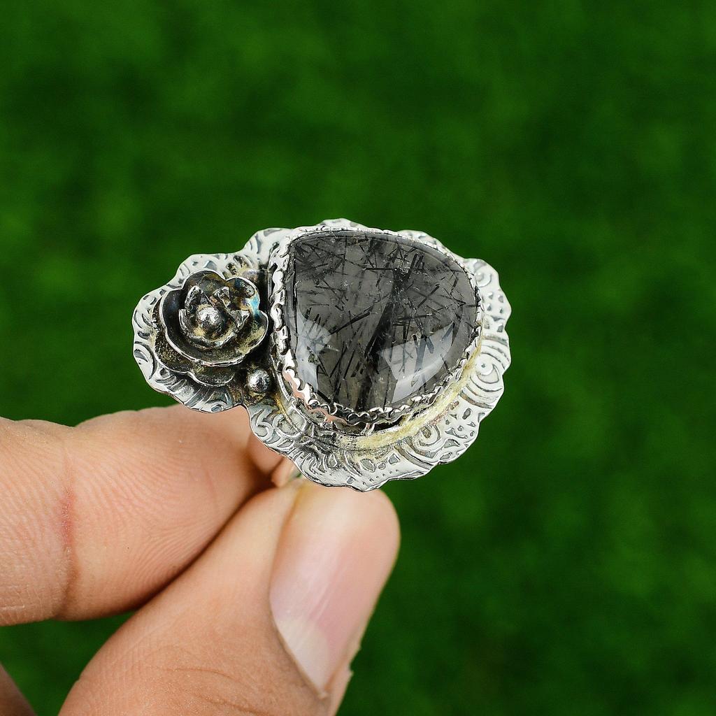 Кольцо Арт-деко из стерлингового серебра 925 пробы с черным рутиловым камнем в безеле в виде цветка, обещание сестры