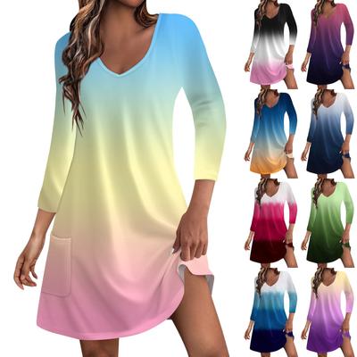 Женское повседневное и модное свободное платье с v-образным вырезом и градиентным принтом, карманами и рукавами 3/4