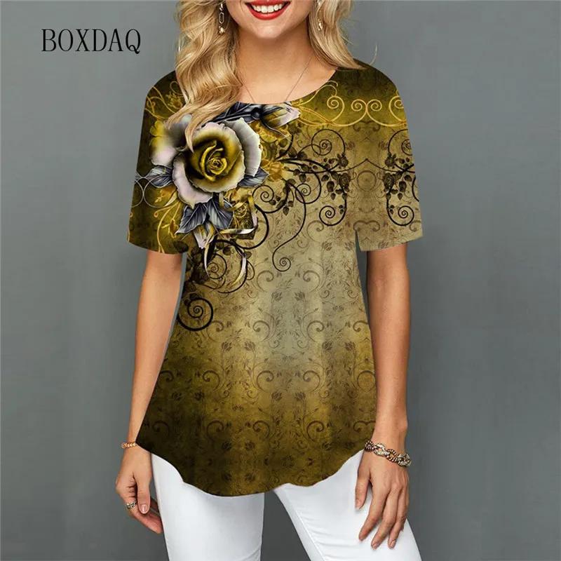 Женские повседневные футболки с цветочным принтом, свободные топы с коротким рукавом и круглым вырезом, женские футболки в уличном стиле с 3D цветочным принтом