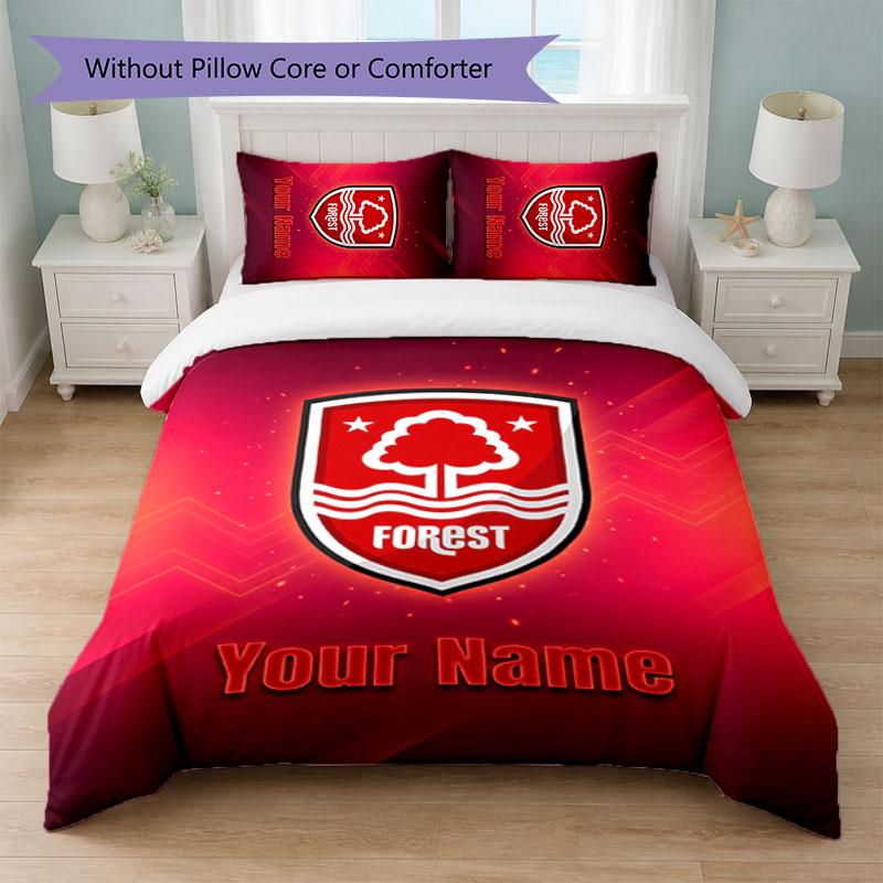 Nottingham Forest FC Custom Name Text Bedding Set 1 Duvet Cover+2 Pillowcases Soccer Logo Personalized Gift For Special Occasion Bedroom Decor