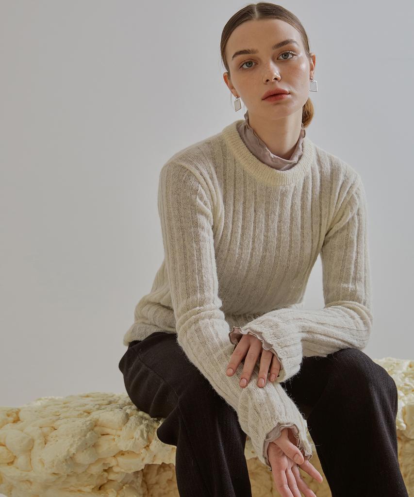 ETMON Scallop See-Through Knit Top Cream
