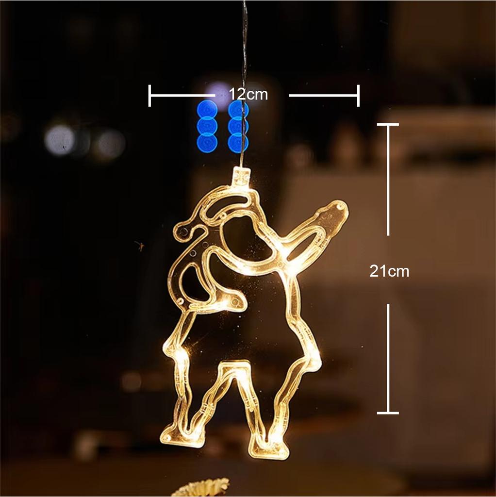 Светодиодные рождественские огни на окно, батарейки, теплый свет, на присосках, елка, Санта Клаус, снеговик, подарок, лось, луна, колокольчик