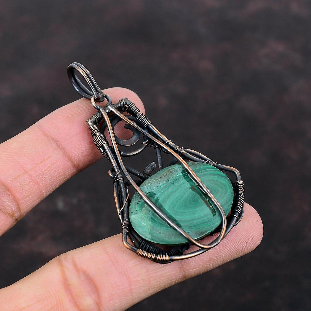 Малахитовый кулон, обернутый медной проволокой, дизайнерский кулон, ювелирные изделия из драгоценных камней высшего качества, кулон ручной работы, стильные медные украшения для подарка