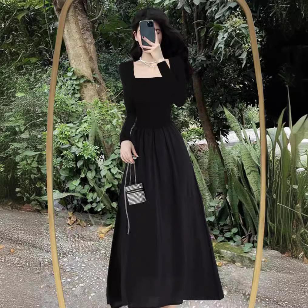 Женское черное платье в стиле «французский чай» 2025 года, облегающее, с квадратным воротником, длинное платье в стиле Хепберн