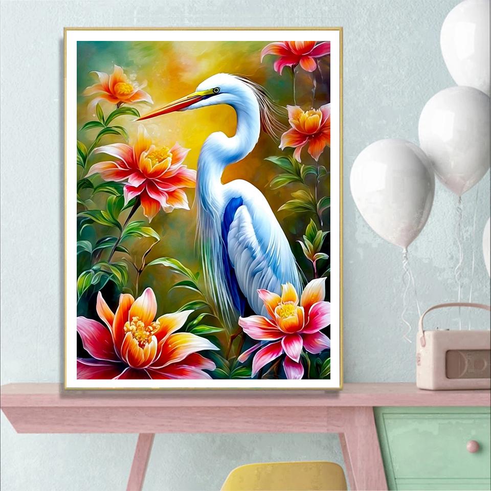 5d Diy Алмазная картина Мозаика Журавль Птица Цветок Полный квадрат Круглый Ювелирные изделия Вышитый крест Животное Ручная работа Украшение на стену