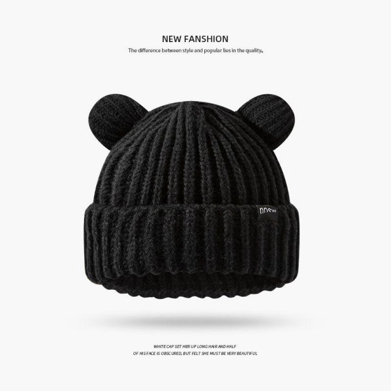 Cute Bear Wool Hat Women's Winter Thickened Plush Warm Plush Bald Hat Autumn and Winter Big Head Circumference Knitted Hat