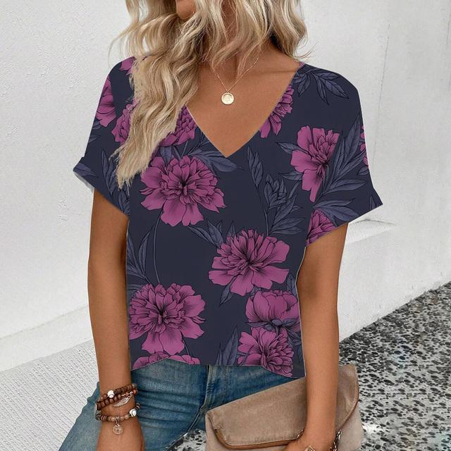 Футболка с V-образным вырезом для лета Женская футболка с ретро-цветочным принтом Модная футболка с принтом Элегантная футболка с короткими рукавами